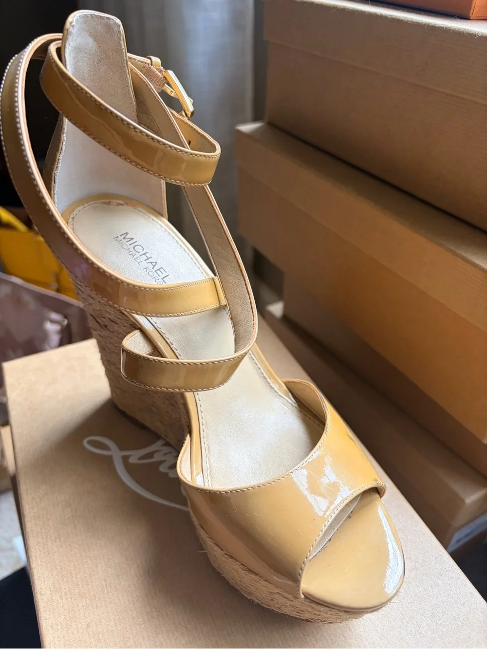 Michael Kors Patent Leather Espadrille Wedge Sandals in Mustard Tan.
